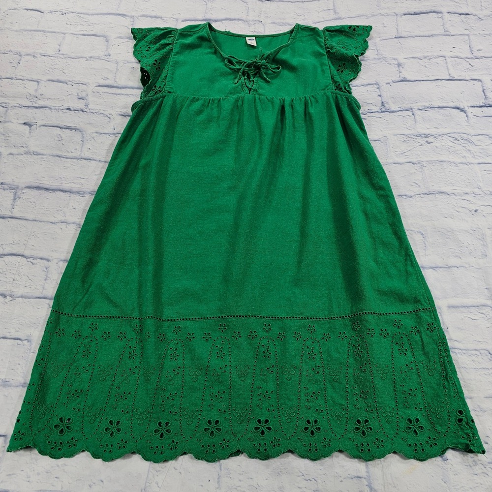 Old Navy Eyelet Flutter Sleeve Dress Women Large Green Linen Blend Boho Mini
